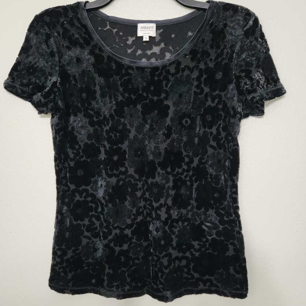Armani Collezioni Velvet Short Floral Print Sleeve Top